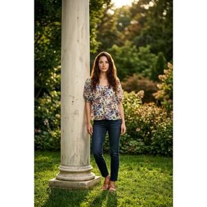 Banana Replublic Floral Print Chiffon Puff Sleeve Blouse W/ Ruched Detail